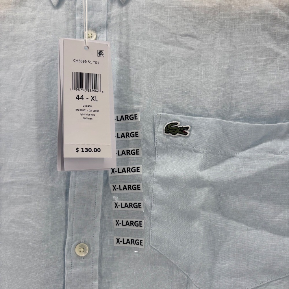 Lacoste Button Down Shirt Men XL Light Blue 100% Linen Short Sleeve NWT CH5699 - Picture 3 of 7
